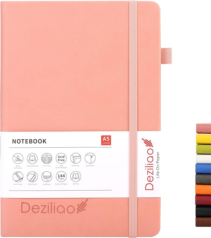 Deziliao Lined Journal Notebooks with Pen Loop, Hardcover Notebook Journal for Work, 100Gsm Premium Thick Paper with Inner Pocket, Medium 5.7''''x8.4'''', ?Pink, Ruled, 1 Pack