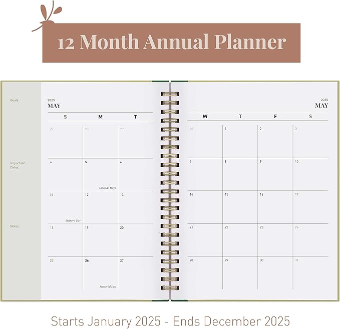 Rileys & Co 2025 Simple Weekly Planner - Annual Weekly & Monthly Agenda Planner, Jan - Dec 2025, Hardbound Cover, Notes Pages, Twin-Wire Binding (6 x 8-Inches, Green)