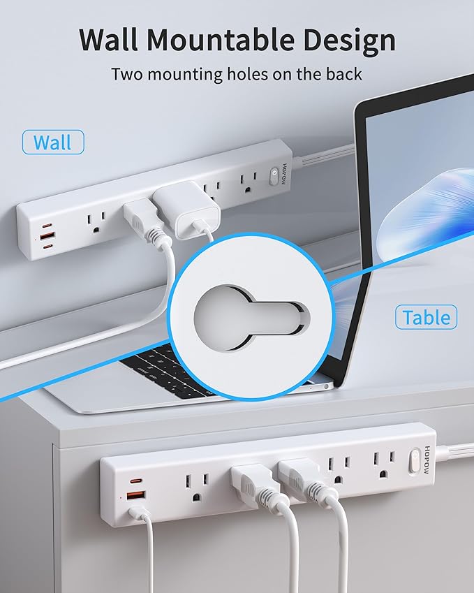 Flat Plug Power Strip, 6 Ft Ultra Thin Flat Extension Cord, Surge Protector with 5 Outlets & 3 USB Ports (2 USB C), 1700 Joules, Wall Mount, Desktop Charging Station for Home Office Dorm, White