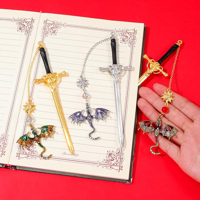 Fantasy Dragon Leather Corner Bookmark, Elegant Metal Dragon Charms Leather Page Saver, Chic Book Accessory for Bookworms, Great Gift for Dragon & Book Lovers (Dragon Sword B)