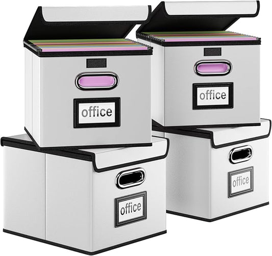Huolewa Portable Leather File Organizer Boxes with Lids, Office Document Boxes Organizer, Filing Boxes, Decorative Small File Boxes for Hanging Files, File Cabinet for Office/Home - 4 Pack