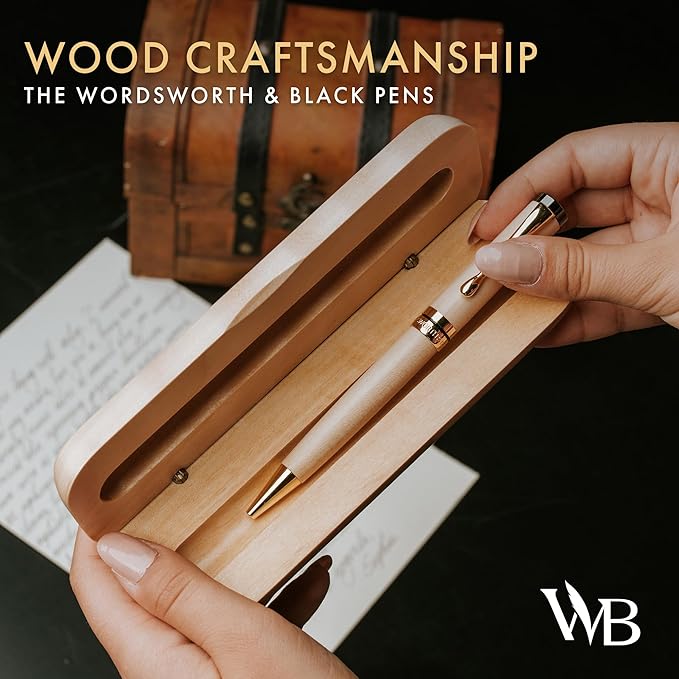 Wordsworth and Black Ballpoint Pen Set - Stunning Luxury Pen Bamboo Maplewood Gold Finish, Refillable, Best Ball Pen for Men & Women, Black Ink Refill, Elegant, Point Pen