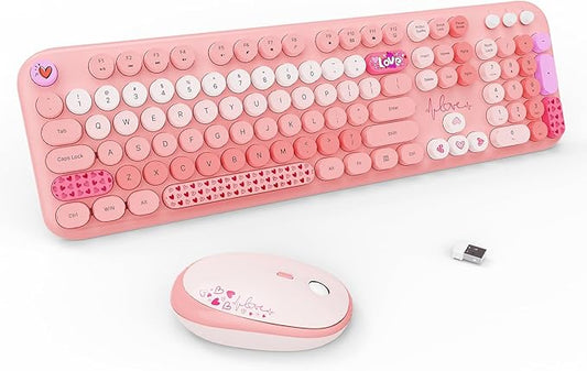 FOPETT Wireless Keyboard and Mouse Combo - 2.4G Full-Sized Cute Colorful Retro Keyboard with Round Keycaps 104 Keys Typewriter Keyboard for Laptop/Windows/PC-Pink Colorful