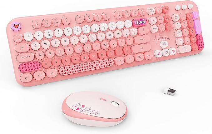 Wireless Keyboard and Mouse Combo, 104 Round Keys Full-Size Cute Colorful Pink Cordless Keyboard and Mouse with Retro Typewriter for PC/Mac/Laptop/Tablet/Computer/Windows Pink