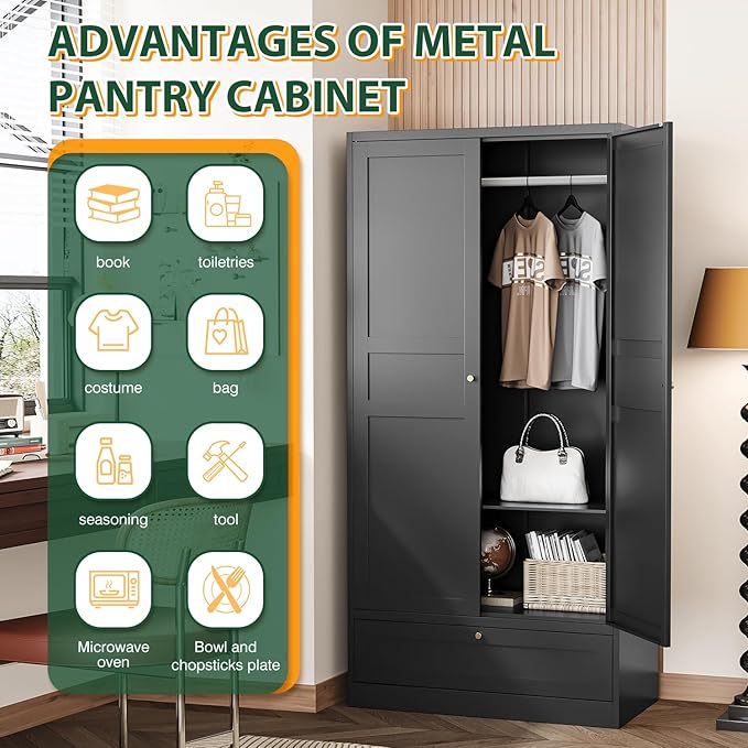 Letaya Wardrobe Closet,72" H Clothing Metal Storage Cabinet with Storage Drawer Adjustable Shelves and Hanging Rod,Bedroom Armoire Cabinet Clothes Organizer (Black)