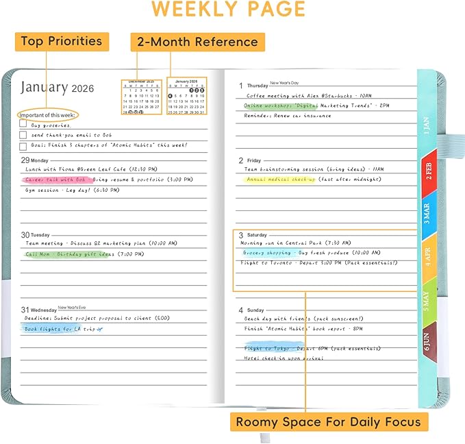2026 Planner, A5 (5.6"x 8.5") Planner 2026 Jan-Dec, Monthly/Weekly/Daily Tabs with Contacts & Holidays, PU Leather Cover & 100gsm Paper, Organizer for School and Business Supplies (Sage Green)