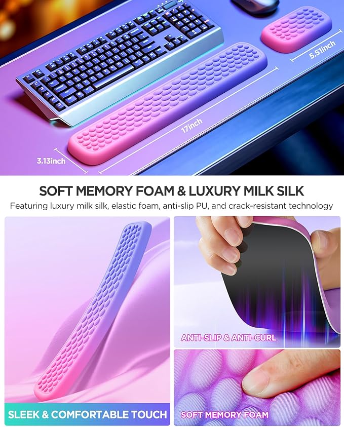 Lekvey Ergonomic Gaming Wrist Rest for Computer Keyboard & Mouse - Premium Silky Memory Foam Wrist Pad with Massage Points, Pain Relief & Comfort Wrist Support for Typing, PC, Game (Pink/Purple)