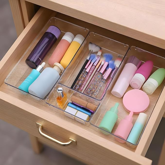 12 Pcs Clear Plastic Drawer Organizer, 12"x 6"x2", 9"x6"x2", 6"x3"x2", Kitchen Bathroom Fridge Utensil Vanity Drawer Organizers Tray Makeup Storage Organizer Drawers Trays for Organization Office