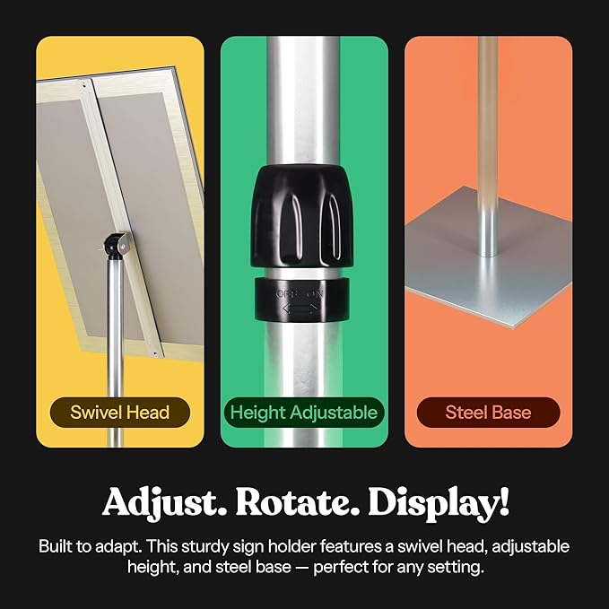 T-SIGN Adjustable Heavy Duty Pedestal Sign Holder Poster Stand - 11x17 Inch Vertical & Horizontal Sign Stand Displayed Poster Holder - Steel Square Base Sign Stands for Display (Silver)