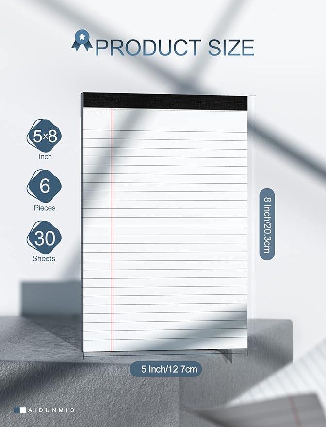 Legal Pads 5x8 Inch Writing Pads for Office Note Pads 5x8 for Work 80 GSM Paper College Ruled Legal Pad To Do List Notepad 30 Sheets 6 Pack Notebook Writing Pad Notepads for Grocery List Shopping List