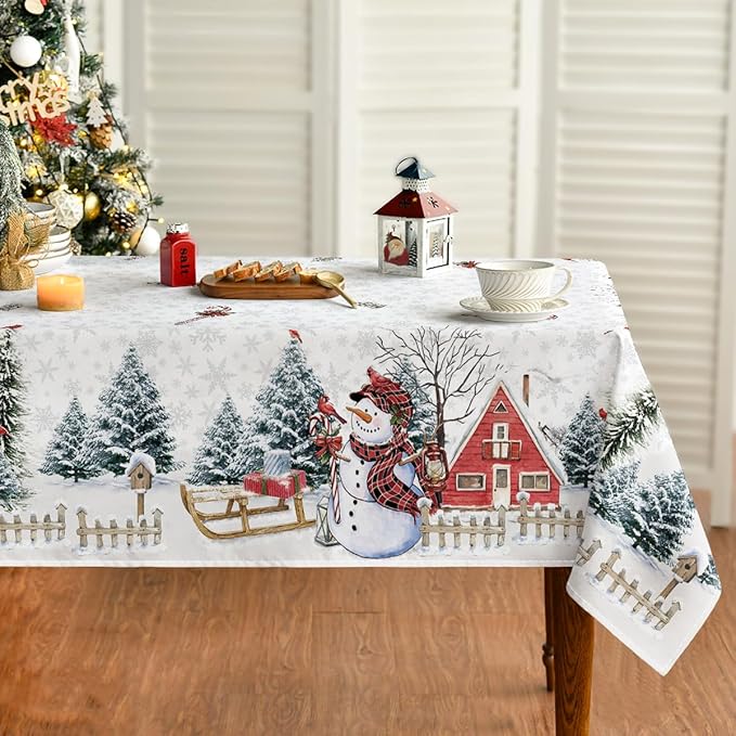 Horaldaily Christmas Tablecloth 60×84 Inch Rectangular, Winter Snowman House Christmas Trees White Washable Table Cover for Party Picnic Dinner Decor