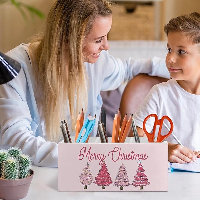 Pink Merry Christmas Tree Pen Pencil Holder Organizer for Desk Accessories, Pink Pencil Holder, Preppy Girly Xmas Wooden Box Signs Decorations for Home Office Desk Tabletop