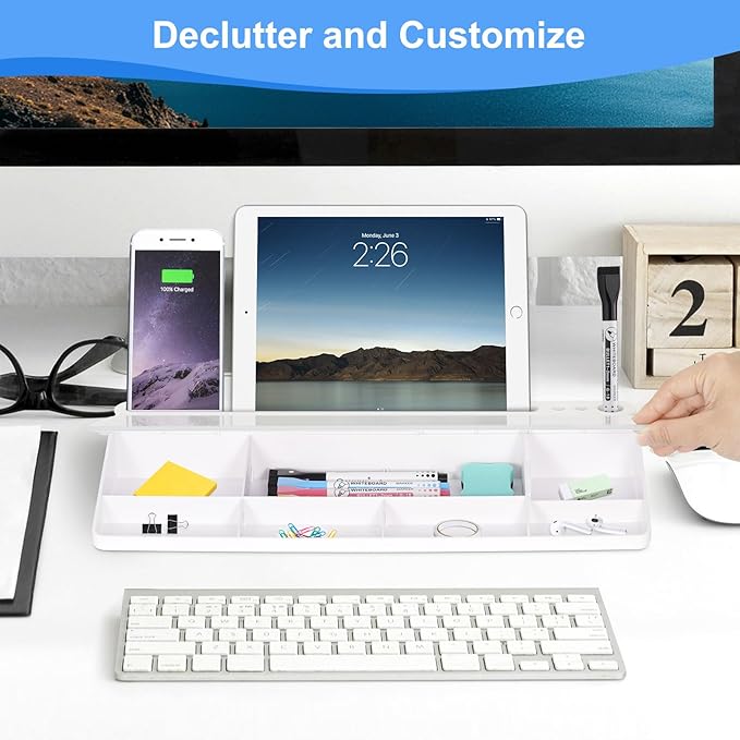 Desktop Glass Whiteboard with Storage, Desk White Board with Computer Keyboard Stand, White Dry Erase Board with Drawers for Home, School, Office Desk Organizers and Accessories