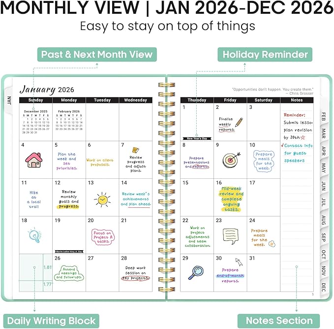 2026 Planner 8.5" x 11", Weekly and Monthly Calendar Planner Book, January 2026 - December 2026, Hardcover Spiral Planner with Monthly Tabs, Notes Pages, Perfect for Women & Men, A4 - Mint