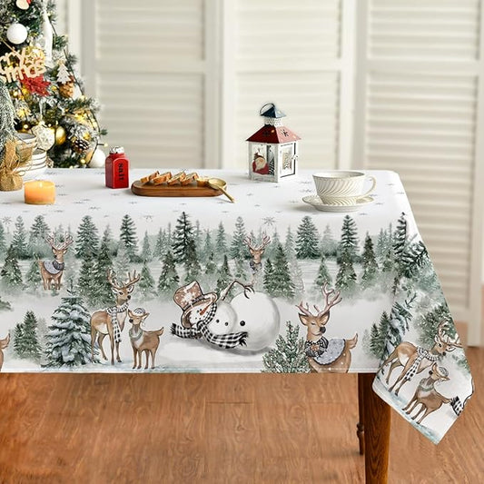 Horaldaily Christmas Tablecloth 60×84 Inch Rectangular, Deers Snowman Trees White Washable Table Cover for Party Picnic Dinner Decor