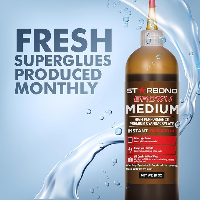 Premium Grade Cyanoacrylate (CA) Super Glue by STARBOND - 16 OZ Complete Refill KIT (453-gram) - Light Brown Medium Crack Filler 150 CPS Viscosity Adhesive for Woodworking, Woodturning, Carpentry