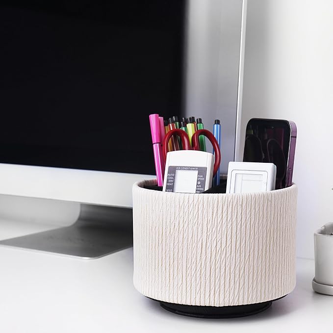 Hennaja Round Leather Art Supply Organizer,Remote Control Holder,360 Degree Spinning,Multi-Functional Pencil Holder,4 Compartments Desktop Stationary Organizer(1-Wood Beige)