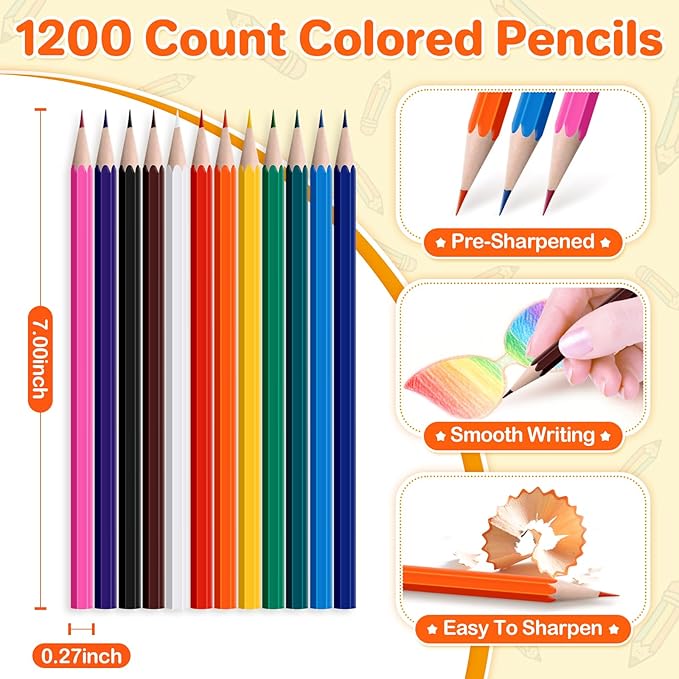 Shemira 100 Pack (1200 Count) Colored Pencils Bulk Set for Kids, Pre-sharpened Coloring Pencil in 12 Colors, Erasable Color Pencils', School Supplies for Kids Teachers, Back to School Supplies