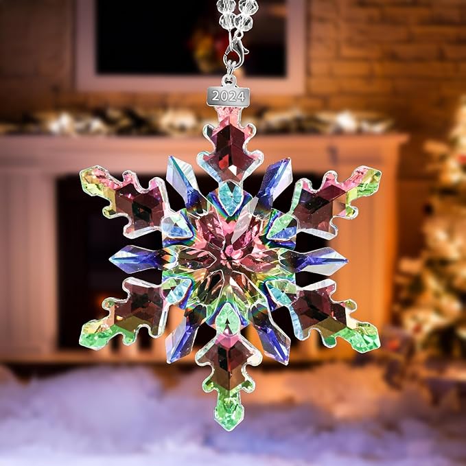 2024 Annual Edition Snowflake Crystal Christmas Ornaments,Christmas Tree Ornaments Crystal Sun Catcher Home Hanging Decor (2024Colorful)