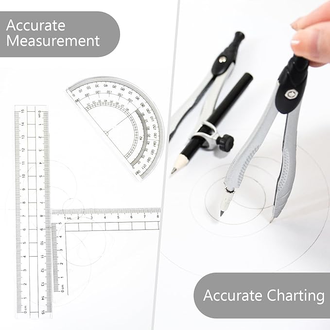SAYEEC Geometry Set, 10 Pcs Math Protractor Compasses Kit with Ruler, Triangles, Eraser, Sharpener, Lead Refills, Pencil, Storage Box, Drafting Drawing Tools for Architects Engineers Artists Students