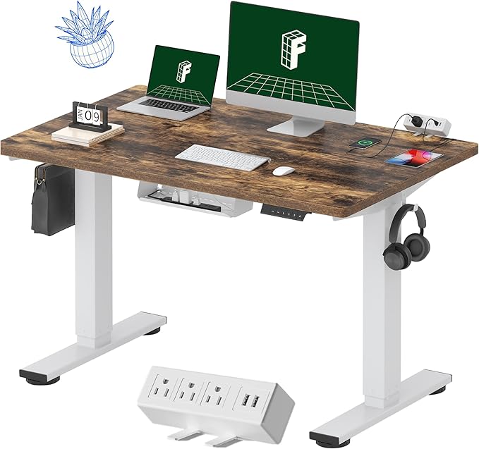 FLEXISPOT EN2 Whole-Piece Standing Desk with Clamp Power Strip, 48 x 30 Electric Stand Up Height Adjustable Desk with Cable Management (White Frame + 48" Rustic Brown Desktop, 2 Packages)