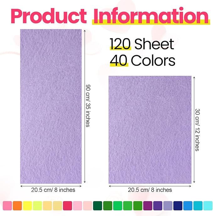 Reginary 120 Pcs 8 x 12 Inch & 8 x 35 Inch Felt Sheets for Craft 40 Assorted Color Felt Squares Stiff Paper for Back to School Fall Thanksgiving Halloween Xmas DIY Craft Sewing Patchwork (Vibrant)