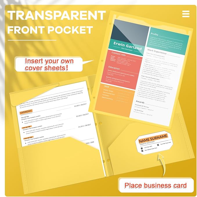 Henoyso 60 Pcs 2 Pocket Plastic Folders with Clear Front Pocket 3 Hole Punched File Folder Letter Size Take Home Documents Holder for Paper Holder Office Business Back to School Supply (Yellow)