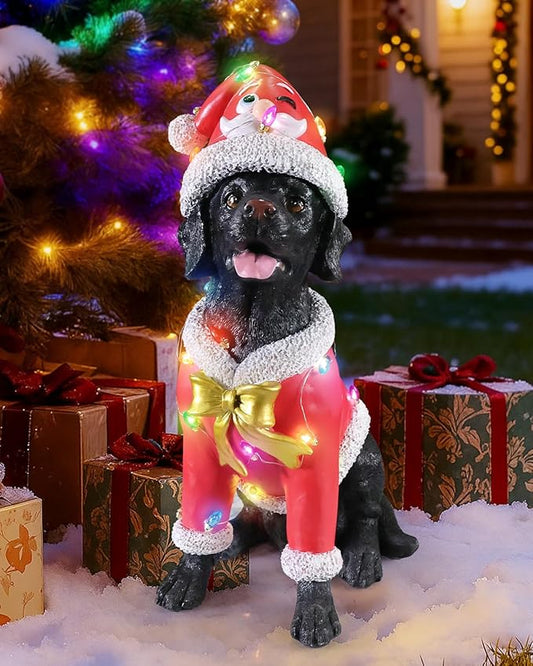 Christmas Outdoor Decoration Dog Statue, LED Light Cute Labrador Dog Sculpture with Pink Santa Outfit & Lights for Garden and Yard, Indoor Holiday Décor Gift for mom and dad