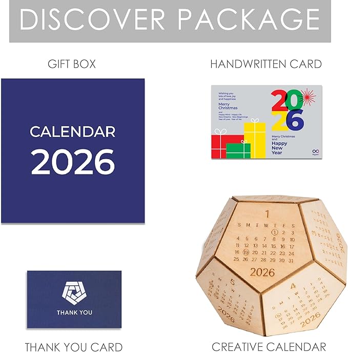 2026 Desk Calendar Wood Dodecahedron, DnD Gifts for Men, Funny Office Gifts for Coworkers, Unique Mens Desk Accessories, Christmas Gift Ideas for Boss Male, Employee, White Elephant Exchange