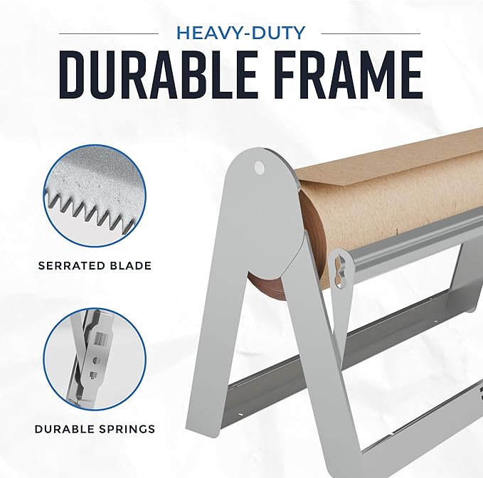 Bryco Goods 18 Inch Paper Roll Dispenser and Cutter, Wall Mountable & Non-Slip Tabletop, Heavy-Duty Steel Frame – Kraft, Butcher, Freezer, Wrapping Paper Holder – for Home, Office, Craft Projects