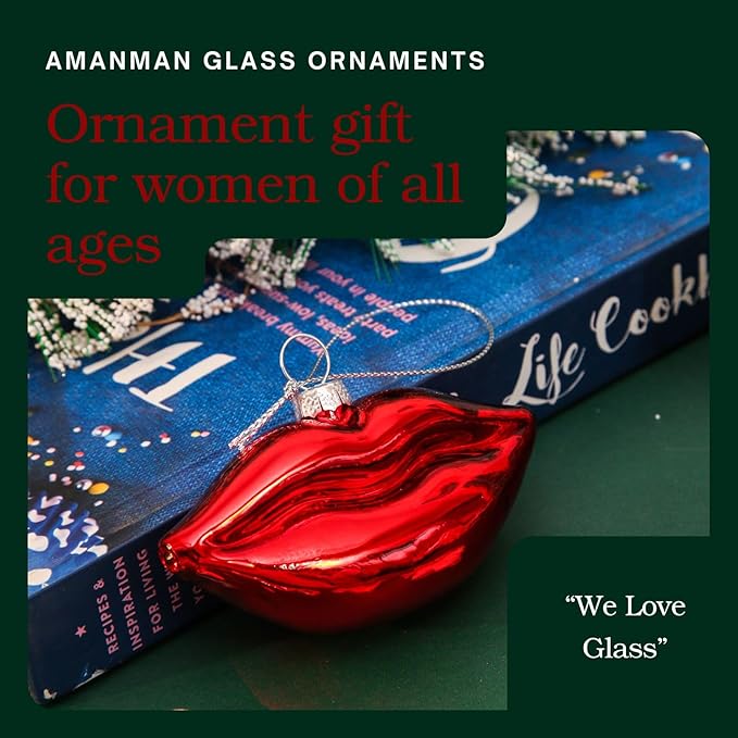 Set of 2 Funny Lipstick & Lips Blown Glass Ornaments - Glitter Gold & Red for Women