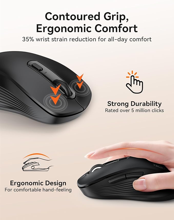TECKNET Bluetooth Mouse, [ USB + BT1 + BT2 ] Wireless Mouse for Laptop, Silent Click, Full-Size, 4800 DPI Computer Mice Wireless, Dual Mode for Laptop, Computer, iPad, MacBook