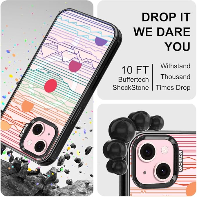 MOSNOVO Magnetic Case for iPhone 15, 10ft Military-Grade Protection, Compatible with Magsafe, Shockproof Phone Case for iPhone 15 - Sunrise and Sunset - Clear Black