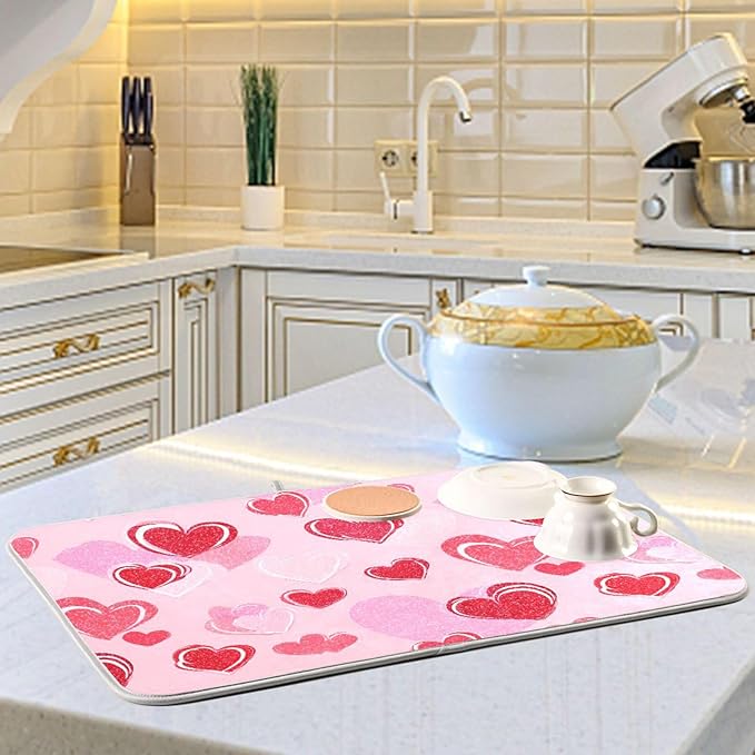 Happy Valentines Day Hearts Dish Drying Mat 16 X 18 Inch Stars Romantic Red Pink Glitter Love Heart Dry Dishes Pads Drainer Mats Tableware Protector for Home Kitchen Countertops Counter Decorations