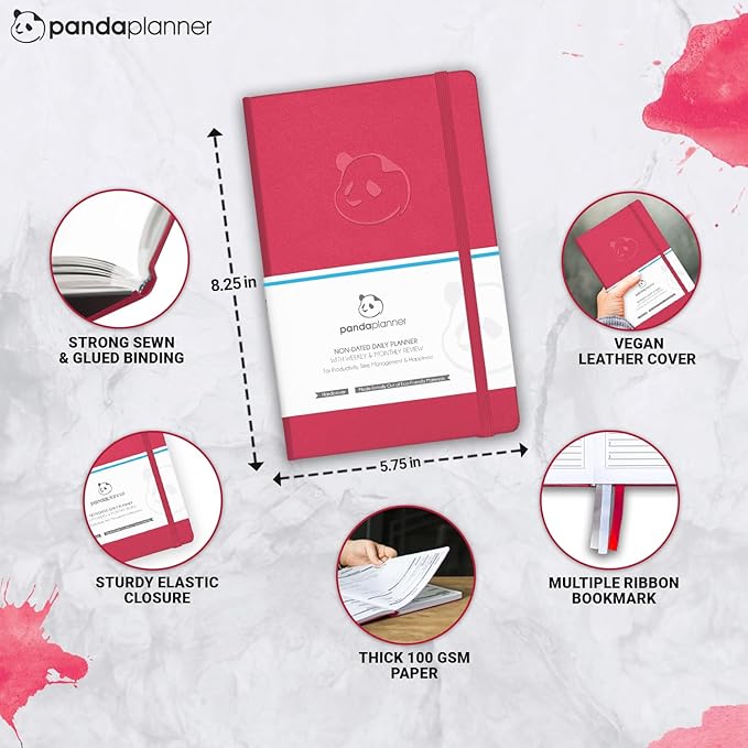 Panda Planner Classic Daily Planner 2026 – A5 Undated Daily Productivity & Quarterly Planner with Hourly Schedule, To Do List, Daily Journal, Goal Planner, Habit Tracker & Gratitude Organizer for Focus – Raspberry