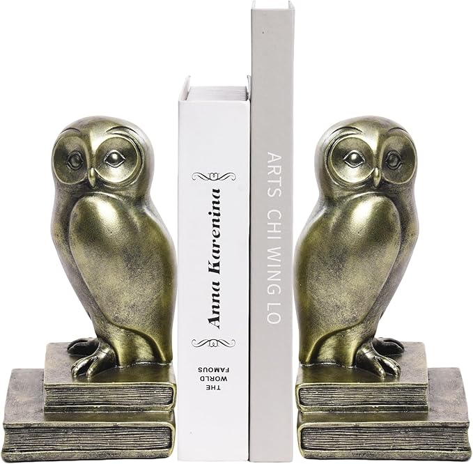 Vintage Gold Owl Bookends,Resin Animal Decorative Book Ends for Shelves,Book Holder with Anti-Slip Base,Luxurious Bird Bookends for Kids Rooms Office Home Decor,Unique Book Lover Gift