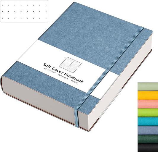 AHGXG Bullet Dotted Journal - 320 Pages Dot Grid Notebook B5 Large Journal, 100gsm Thick Dotted Paper, Leather Softcover, with Journal Stencils, Inner Pocket, 7.6'' X 10'' - GrayBlue