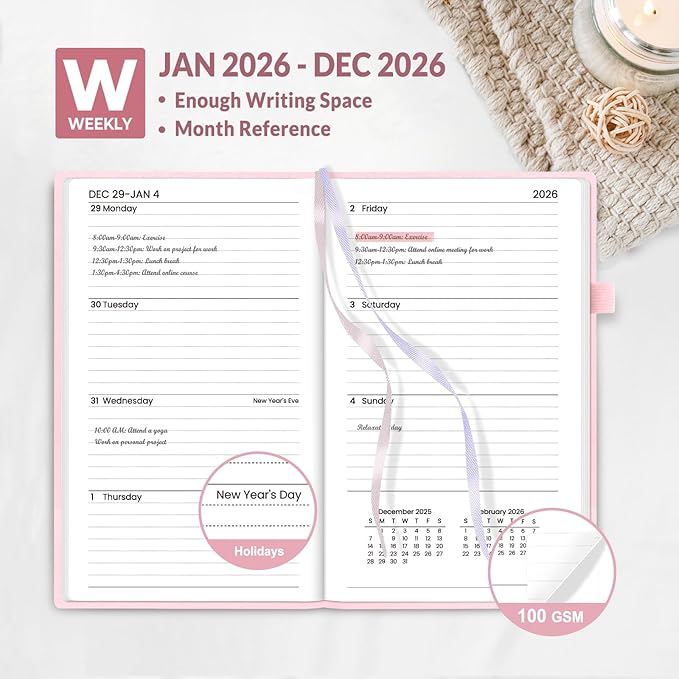 SUNEE 2026 Pocket Weekly Planner for Purse 3.5" x 6" - 12 Month (January 2026 - December 2026), Small Size Planner, Hardcover, Notes, Pocket, 100 GSM Paper, Pink