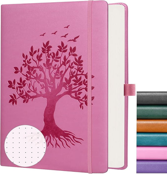 ZXHQ A5 Bullet Dotted Journal Notebook for Women -150gsm Thick Paper, 256 Pages, Dot Grid Hardcover, Tree of Life Design, Fine Inner Pocket - 5.9" × 8.5" Pink
