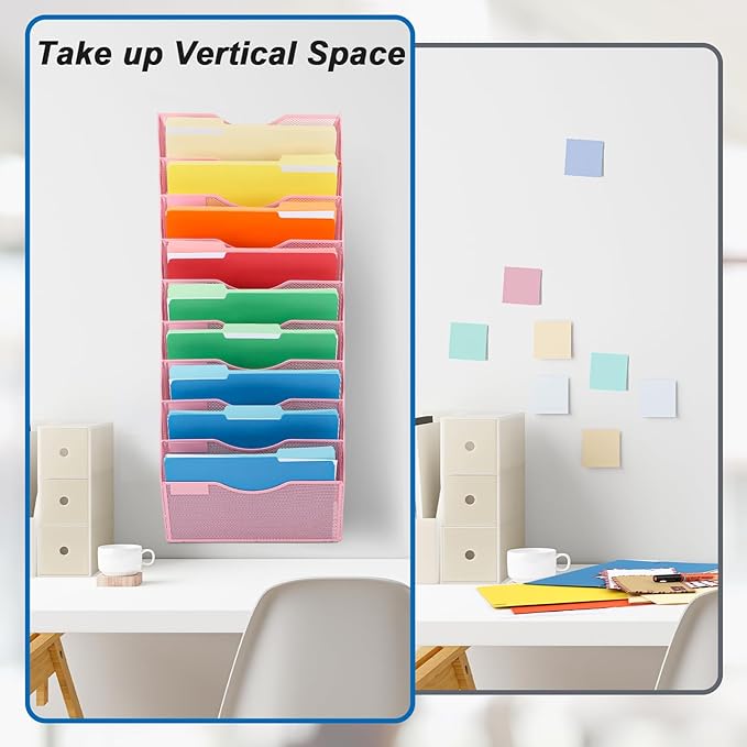 EASEPRES 10 Pocket Mesh Hanging Wall File Organizer, Wall Mounted Mail Paper Document Folder Holder, Clipboard Storage Organization Magazine Rack with Nametag Label for Office Home School, Pink