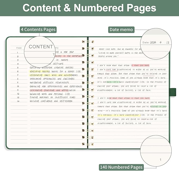 EMSHOI Spiral Notebook A4, 8.5"x11" Hardcover Leather Lined Journal with 110 Pages, 100GSM Thick Paper, Contents & Page Numbers, Flower Design - for Work, School, Journaling, Writing-Dark Green
