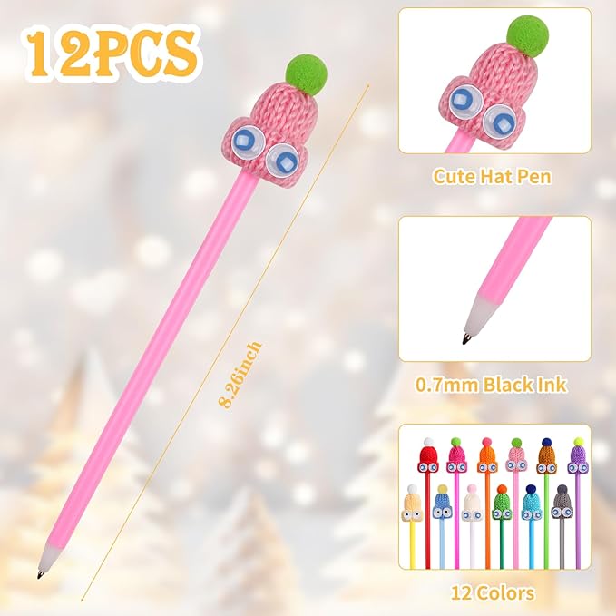 12 Pack Cute Doll Hat Pens, 12 Color Ballpoint Pens with Black Ink, Fun Cartoon Writing Pens for School Supplies, Party Favors, Christmas Gifts, Office & Stationery