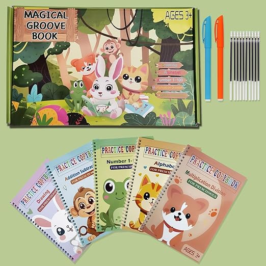 Reusable Grooved Handwriting Workbooks,Magic Copybook,Magic Writing Practice Copy Books, to Help Children Improve Their Handwriting Ink Practice Age 3-8 Calligraphy for Kids(5-Book Gift Set)