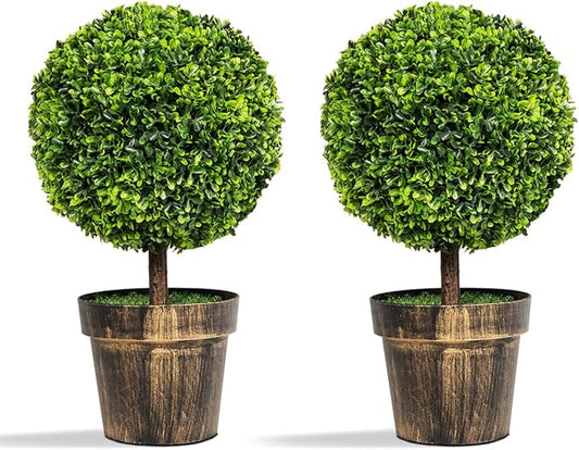 Goplus 22" Tall Artificial Boxwood Topiary Ball Tree, 2 Pack Faux Round Shrubs Bushes Decoration, Fake Potted Plants for Front Porch Indoor Outdoor Home Decor