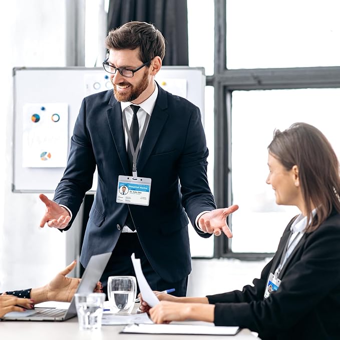 Marspark 50 Sets Clear Name Tags with Lanyard, Lanyards for ID Badges Reusable Strap with ID Holder Plastic Name Badges for Adults Business School Church Conference (Gray)