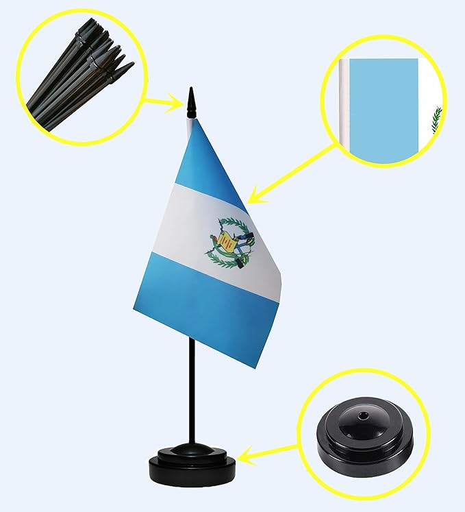 Guatemala Guatemalan Deluxe Desk Flag Set Small Mini Miniature Guatemala Guatemalan Table Desktop Flags With Solid Pole, Black Base and Spear Top(2 Pack)