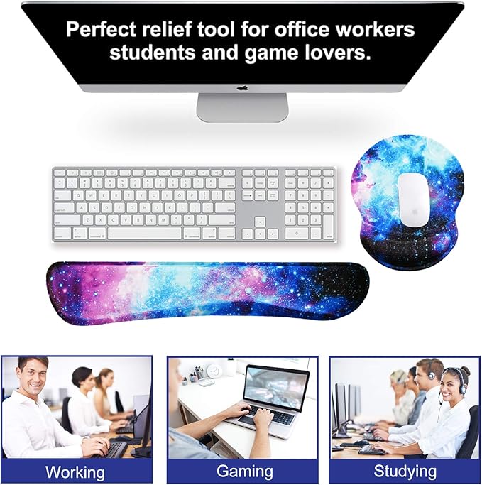 ArtSo Upgraded Wrist Rest Support for Mouse Pad & Keyboard, Ergonomic Gel Mousepad Non-Slip Rubber Base Home,Office Pain Relief & Easy Typing Cushion with Neoprene Cloth & Soft Memory Foam, Galaxy