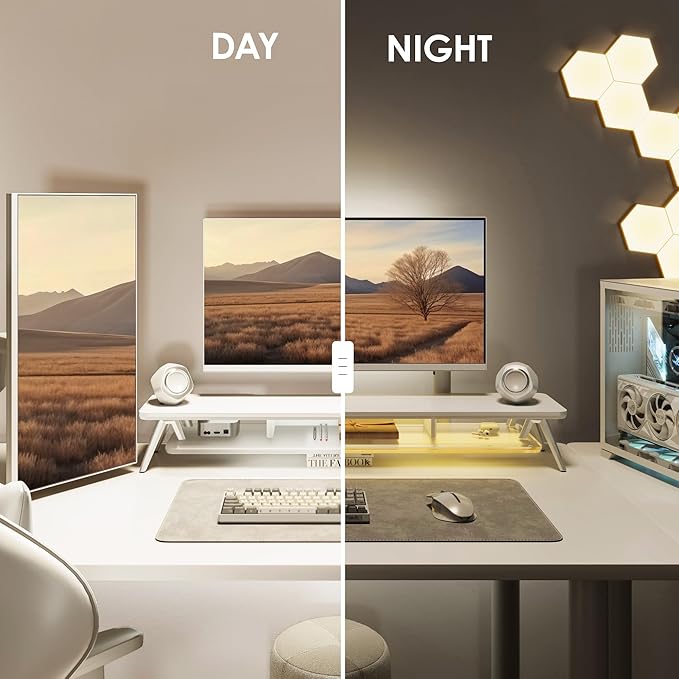 Fenge Dual Monitor Stand for Desk, 2 Tiers Monitor Riser with Acrylic Shelf & App Control LED Lights, 42.5 Inch Wood and Aluminum Desk Shelf with Phone and Tablet Holder