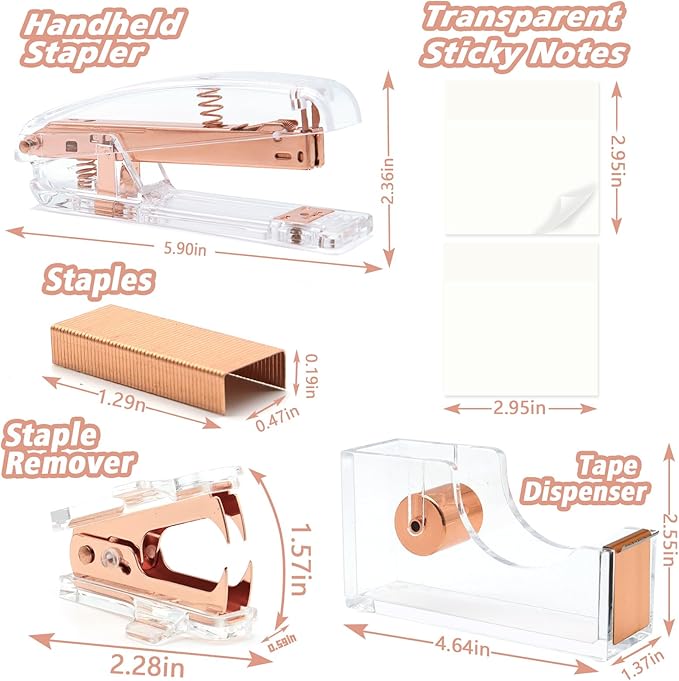 Rose Gold Office Supplies,UPIHO Rose Gold Desk Accessories,Stapler and Tape Dispenser Set with Stapler,Tape Dispenser, Staple Remover, Staples, Clips,Scissor,Pen and Sticky Notes,Gifts for Coworkers