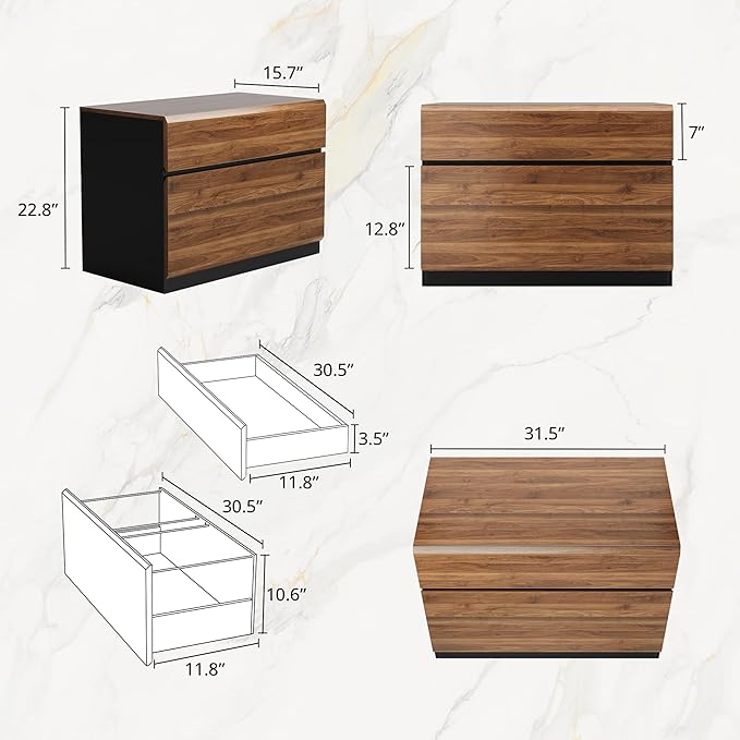 2 Drawer Lateral File Cabinet, 31W*23H Wood Filing Cabinet with Anti-tilt Mechanism, Home Office Storage Filing for Letter, A4 & Legal Size, Black Walnut